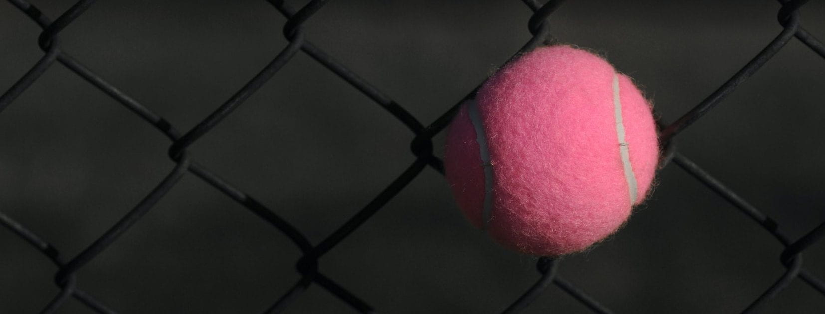 pink tennis ball on a black fence